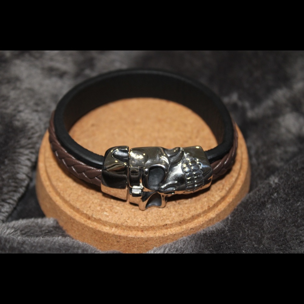 New skull braided bracelet brown leather💀